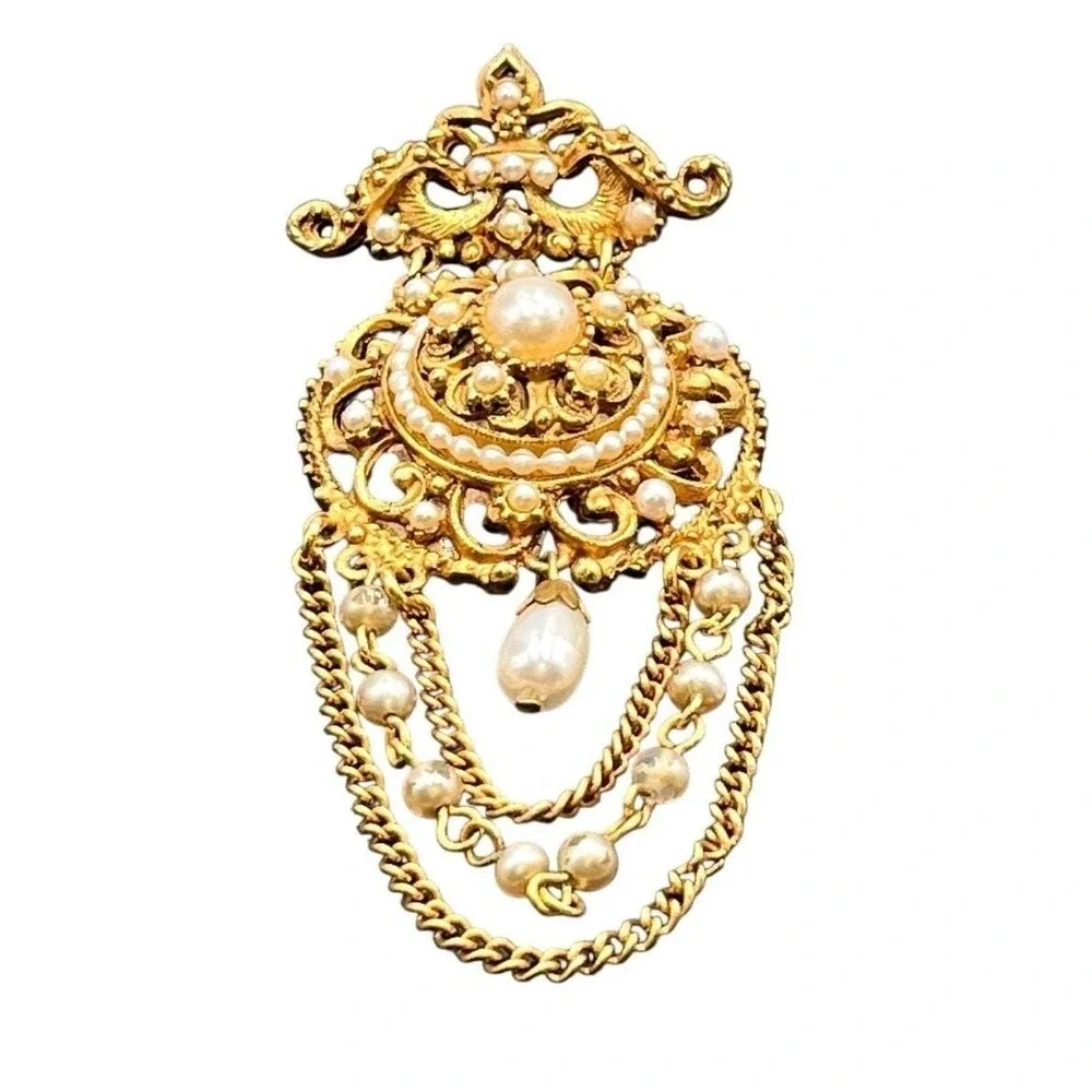 Florenza Vintage Renaissance Revival Faux Pearl‎ Festoon Victorian Dangle Brooch